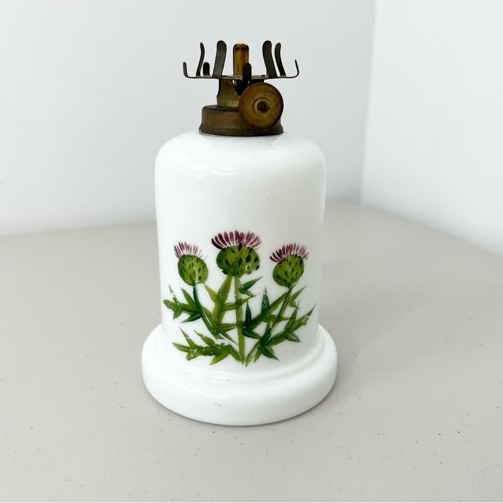 VTG Made In Denmark Small Oil Lamp Hand Painted Milk Glass Floral